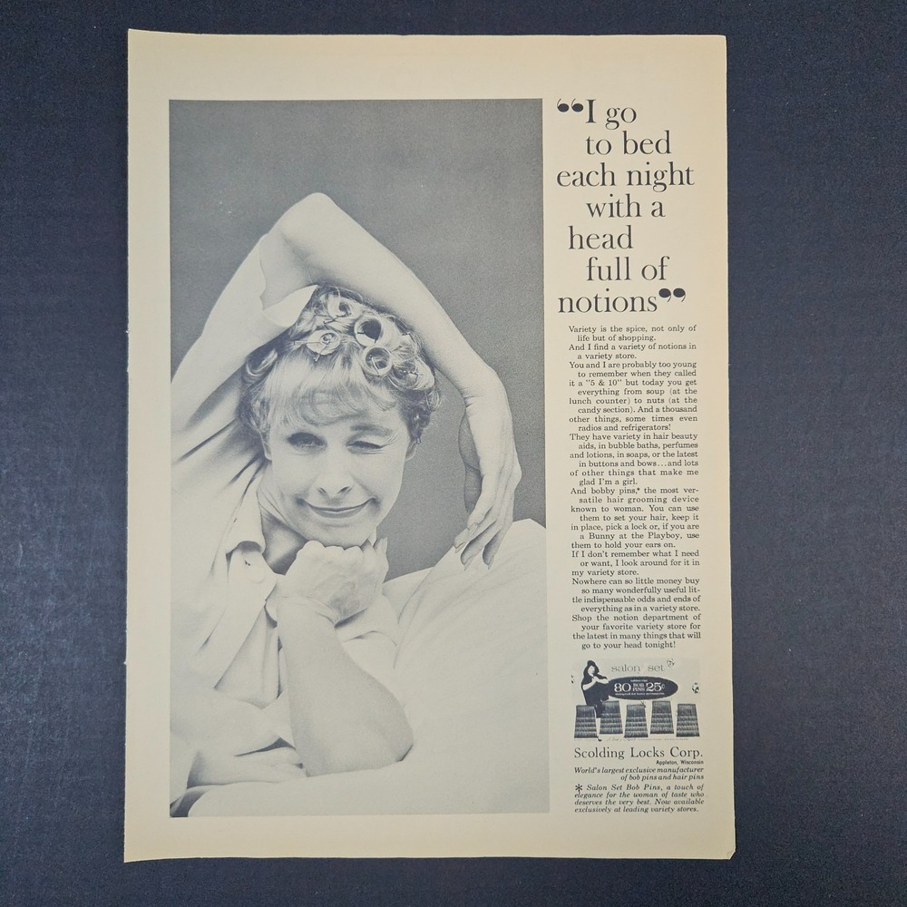 1964 Scolding Locks Bob Hair Pin Salon Set Vintage Print Ad Head Full of Notions
